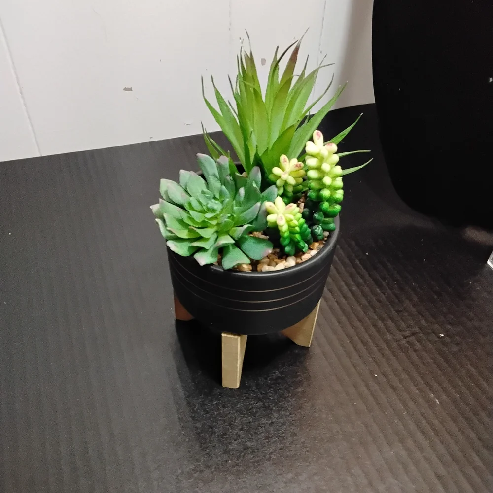 Elegant Black and Gold Planter with Faux Succulents